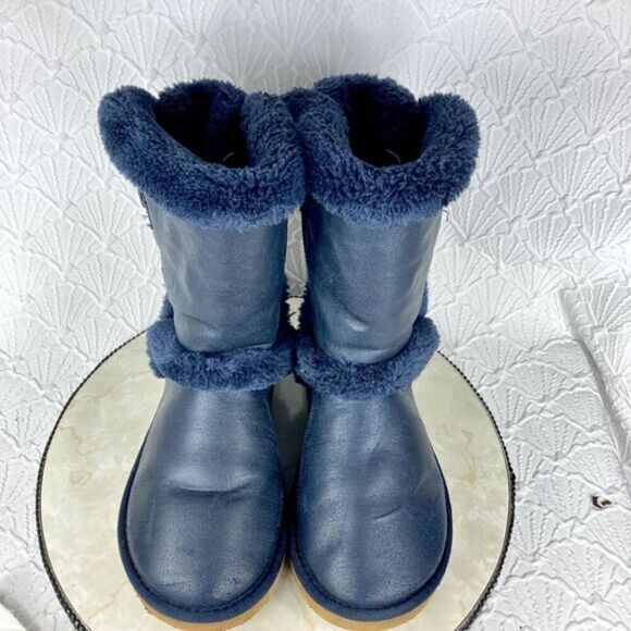 UGG Boots Womens Sz 10 Navy Blue Becket Suede Shearling Sheepskin Buckle Booties - Picture 4 of 13